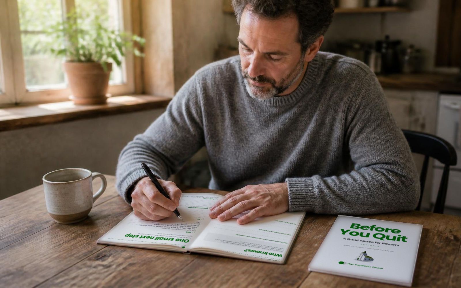 Before You Quit workbook open beside a coffee mug